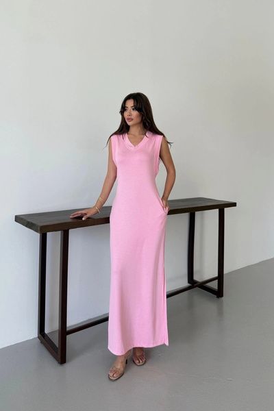 SUMEF Памук V-образно деколте с разрез Дълга рокля – Удобна лятна рокля