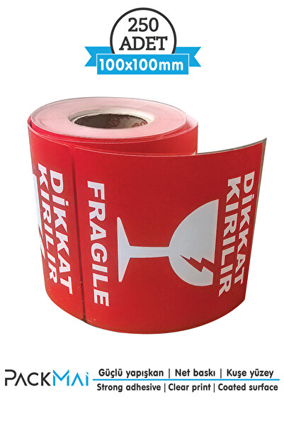 PackMai 100×100 mm 1 Rulo-250 Adet Mat Kuşe Dikkat Kırılır Uyarı Etiketi, Kır...