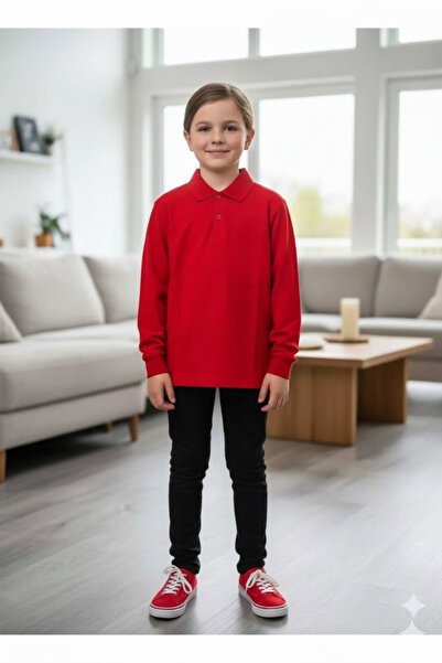 ZACHARIUZ Tricou unisex pentru copii cu guler polo școală basic roșu cu mânecă lungă tricou