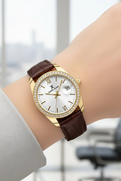 Daniel Klein Deri Kordon Çelik Kasa Kadın Kol Saati+Bileklik Hediyeli Kahve-Gold sddk107