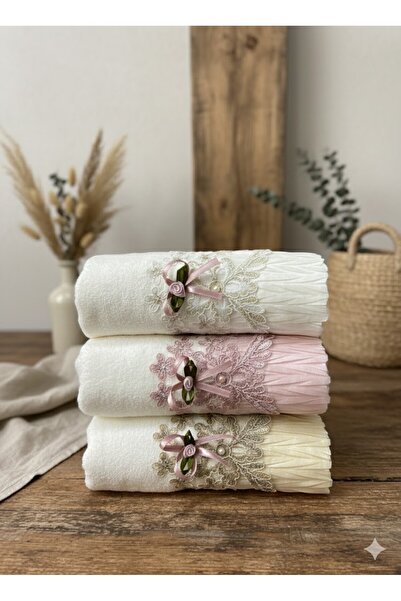 COTTOWEL'S Lalin Güpürlü ve Dantelli 3'lü 50x90 El Havlusu / El ve Yüz Havlusu / Çeyiz Seti / Havlu Paketi