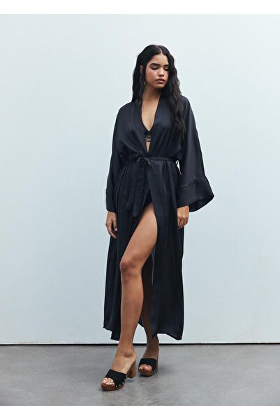Feu De Elu Frappant Siyah Uzun Saten Sabahlık / Kimono