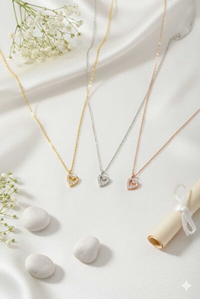 Papatya Silver 925 Ayar Zirkon Taşlı Gümüş Kalp Kolye.rose.gold.rodaj