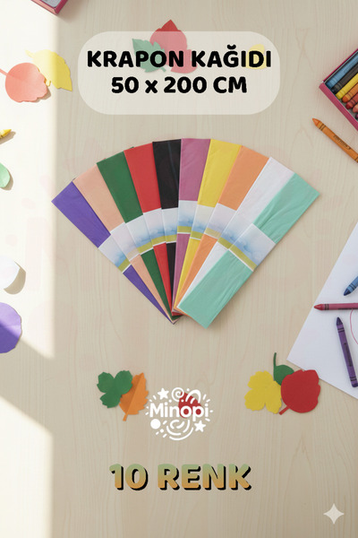 Minopi Krapon Kağıdı 10'lu Paket Renkli El İşi Kağıdı Okul Anaokulu Süsleme