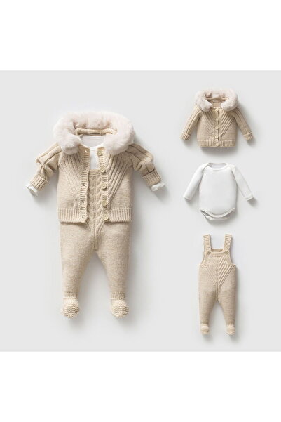 Nipperland 8332N Unisex Bebek Triko Düğmeli Hırkalı 3'lü Naturel Yün Salopet ...