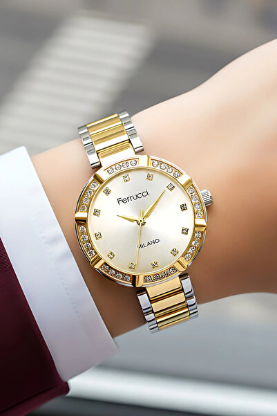 Ferrucci Çelik Kordon Taşlı Kasa Kadın Kol Saati Gümüş-Gold sdfer183