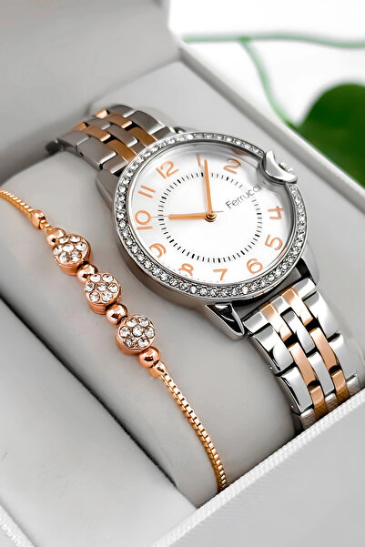 Ferrucci Steel Cord & Case Women's Wristwatch, Stone Detailed Case Silver-Ros...