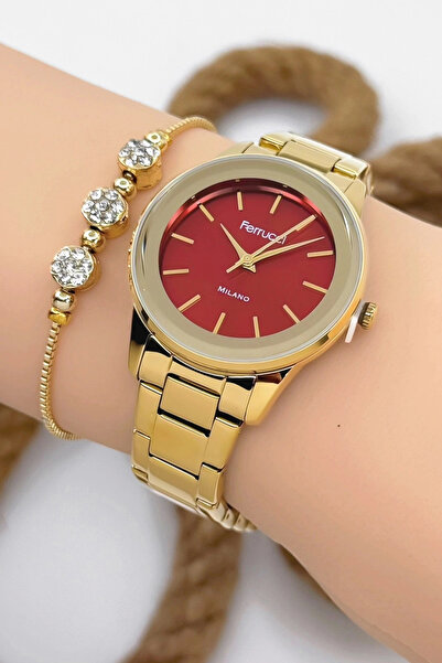 Ferrucci ساعة يد نسائية باللون الأحمر الذهبي - حزام وحافظة فولاذية أنيقة، أصلية Sdfer147