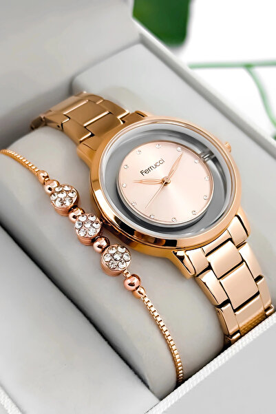 Ferrucci ساعة يد نسائية بسوار وعلبة من الفولاذ، غطاء زجاجي خلفي شفاف وردي Sdf...