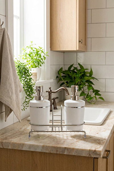 MAKRİ HOME Metal Stantlı Süngerlikli 2’li Akrilik Sıvı Sabunluk / Bulaşık Deterjanlık - Beyaz