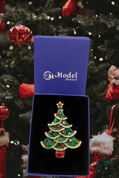 model aksesuar Yılbaşı Çam Ağaçı Zirkon Taşlı  Broş