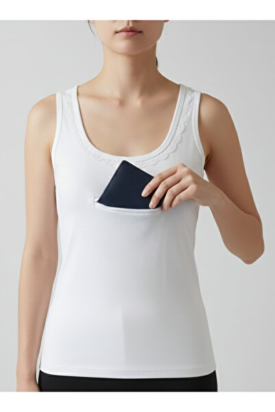 balkonda Women's Undershirt with Pockets and Zipper for Hajj-Umrah Travel, 2-Piece Advantageous Pack, Flexible Cotton, White