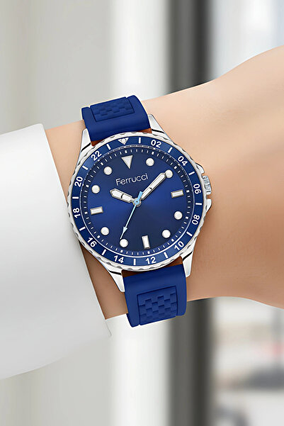 Ferrucci Silver Wrist Watch with Navy Blue Silicone Band - Women's Bracelet F...