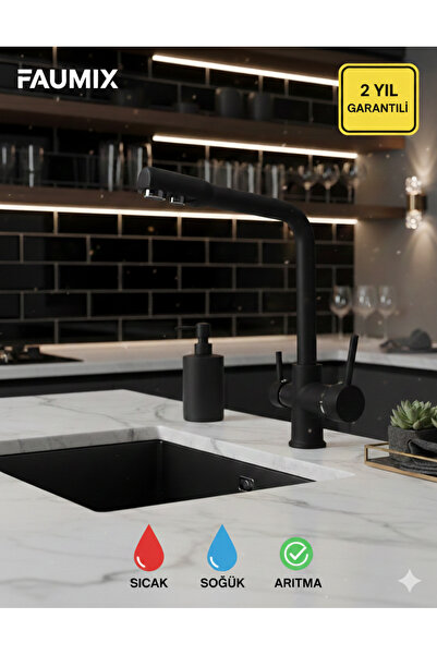 FAUMIX Siyah 3 Yollu Arıtmalı Mutfak Bataryası Sıcak Soğuk Su Çıkışlı Evye Mu...