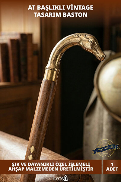 Letsii Zarif Pirinç At Büstü Ahşap Özel Tasarım Baston 93 cm