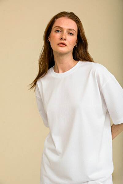 GUARAZ Kadın Beyaz Oversize Bisiklet Yaka %100 Pamuk Düz Basic Yazlık T-shirt