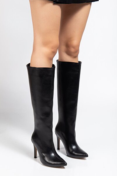 Zerenyus Zri̇n-2004 Premium Black Wrinkled Patent Leather Thin Heeled Women's Boots