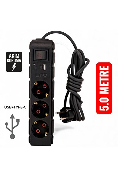 UFO Akım Korumalı Priz 3 Lü 2 Usb Li 5 Metre Typc li ve Anahtarlı