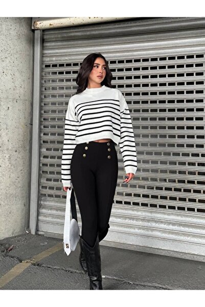 franky B Γυναικείο πλεκτό πουλόβερ με λεπτομέρεια με κουμπιά και ρίγες