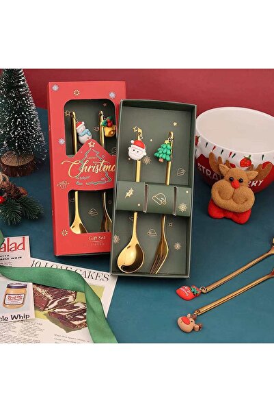 Timebox Set of 2 Stainless Steel Christmas Spoons & Forks Reindeer/Tree/Santa/Snowman Dessert Cutlery