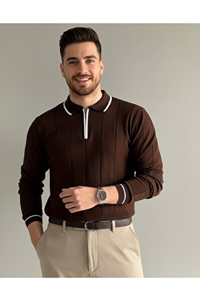 Giyimodam Erkek Fermuarlı Polo Yaka Çizgili Kahverengi Örme Triko