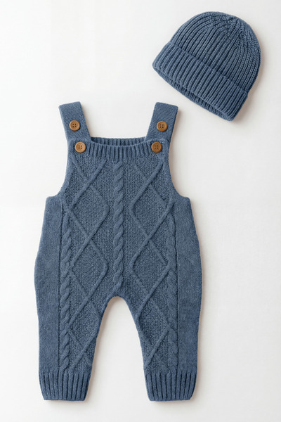 Babily Ayarlanabilir Askılı Selanik Örgü Şapkalı Triko Tulum Salopet Bebek