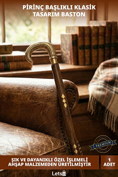 Letsii Ahşap Gövde Pirinç Başlıklı Şık Klasik Tasarım İşlemeli Baston