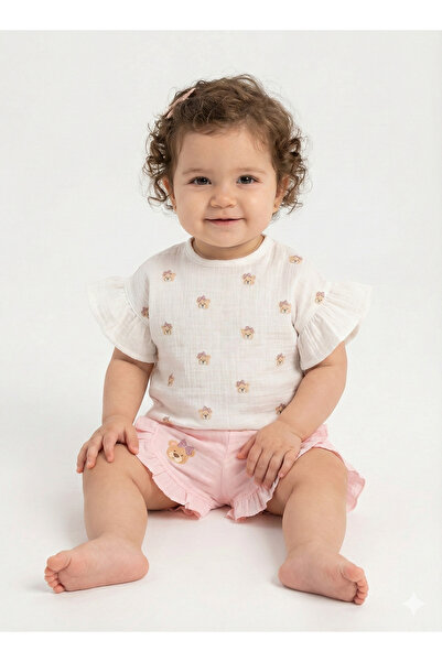 Mini Baray Muslin Baby Girl Shorts Set with Teddy Bear 100% Cotton