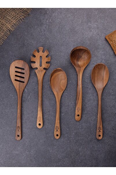 Öz ahsap El yapımı Koyu Ceviz 5 Parça Luks Tahta Kaşık Spatula Ahşap Mutfak Seti