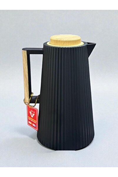 WDA ترمس، إبريق معزول أسود عصري بغطاء خشبي، تصميم مضلع، سعة 1 لتر