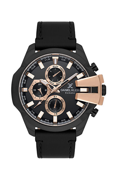 Daniel Klein Erkek Siyah Çelik Kasa Yuvarlak Kadran Deri Kordonlu Kol Saati Q...
