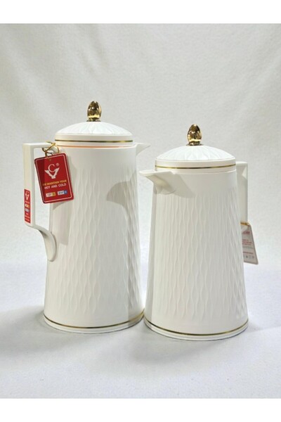 WDA طقم إبريق حراري، بورسلين أبيض بحواف ذهبية، غلايتان معزولتان للقهوة سعة 0.7 لتر + 1.0 لتر