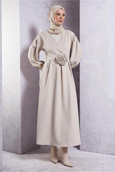 TRENDTESETTÜR KADIN BEJ (TAŞ) KUŞAK DETAYLI ELBİSE T 6183