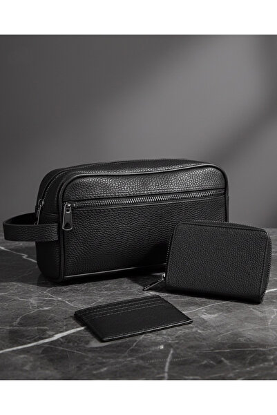 Duke Nickle Erkek Siyah Vegan Deri Portföy El Çantası Ve Klasik Cüzdan Kartlık - Ideal Boy Çift Bölmeli Kulplu