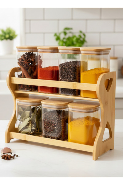 ALQANNAS 7-piece glass spice container, two-tiered, with a sturdy wooden stand.
