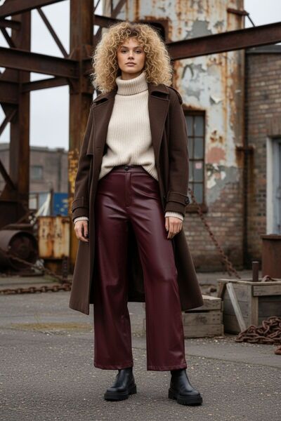 Grenj Fashion Παντελόνι από συνθετικό δέρμα μπορντό με φαρδύ πόδι/ φαρδύ μπατζάκι τσέπες με λεπτομέρειες