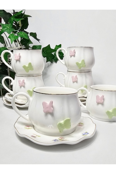 Casalina Set 6 cești, 6 farfurii din ceramică albă cu fluturii 3D, 200 ml