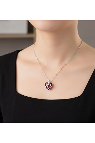 stainless steell saydam renk zincirli parlak kırmızı taşlı kalp model çelik k...