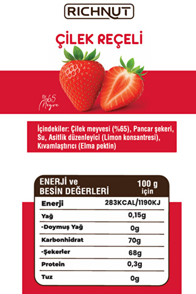 RİCHNUT Çilek Reçeli (Katkı, Koruyucu, Renklendirici İÇERMEZ)