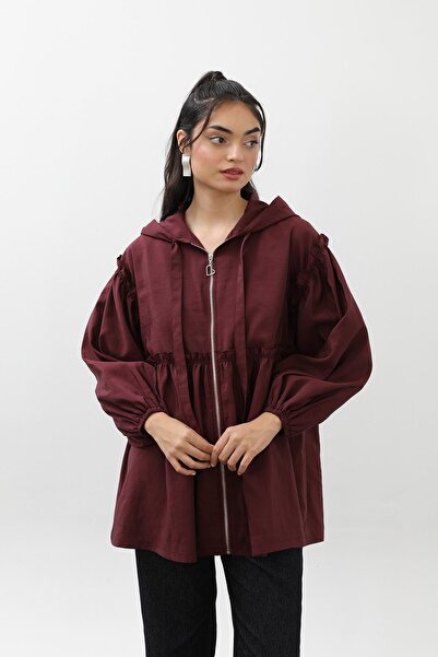 Soul Жіночий плащ з балонними рукавами та рюшами - 32394MNT - BURGUNDY