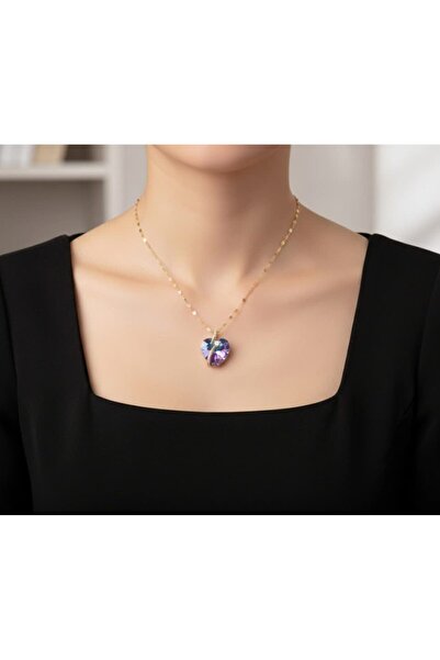 stainless steell Gold Heart Model Steel Necklace with Purple Chain