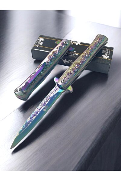 VEX Outdoor Renkli Gül Motifli Beyefendi Katlanır Yarı Otomatik Cep Çakısı Kemer Klipsli