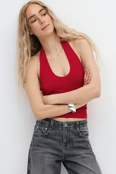 VODENS Bordo %95 Pamuk Halter Yaka Çift Kat Crop Top Body