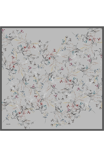 Aker Gri Çiçek Desenli İpek Krep Saten Eşarp