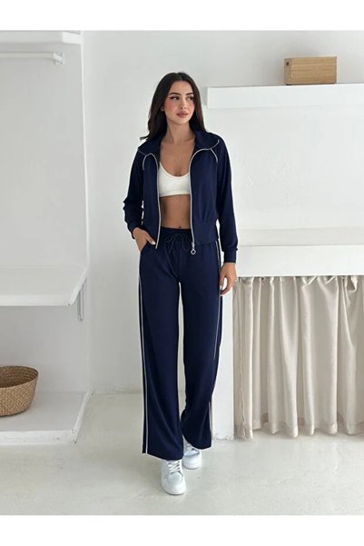 Velista Modal Fabric Striped Wide Leg Zippered Tracksuit Set