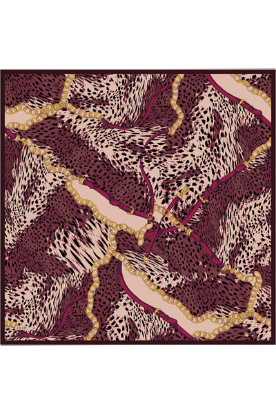 Aker Burgundy Leopard Patterned Silk Crepe Satin Scarf