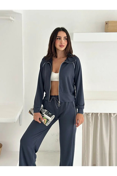 Velista Modal Kumaş Şeritli Geniş Paça Fermuarlı  Eşofman Takımı
