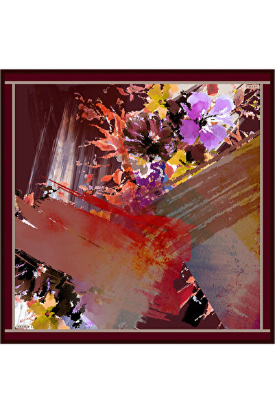 Aker وشاح من الساتان الحريري المزخرف بنقشة الزهور باللون العنابي