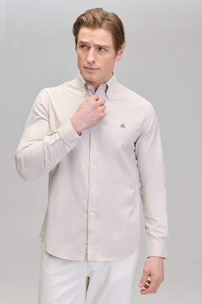 BROOKS BROTHERS Erkek Bej %100 Pamuk Düğmeli Yaka Slim Fit Oxford Gömlek