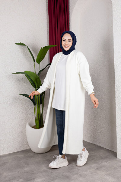 HİRA LİFE FASHİON سترة نسائية طويلة من التريكو مع ياقة شال وريش كثيف
